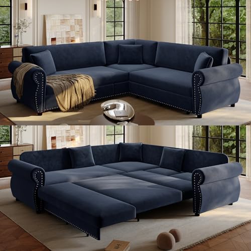 Image of KCGKCG 88.2 inch Sleeper Sofa Bed, Sectional Couches for Living Room /Apartment, Chenille L Shaped Couch with Pull Out Couch Bed, Convertible Sectional Sofa with Rolled Arm & Nailhead Trim, Blue
