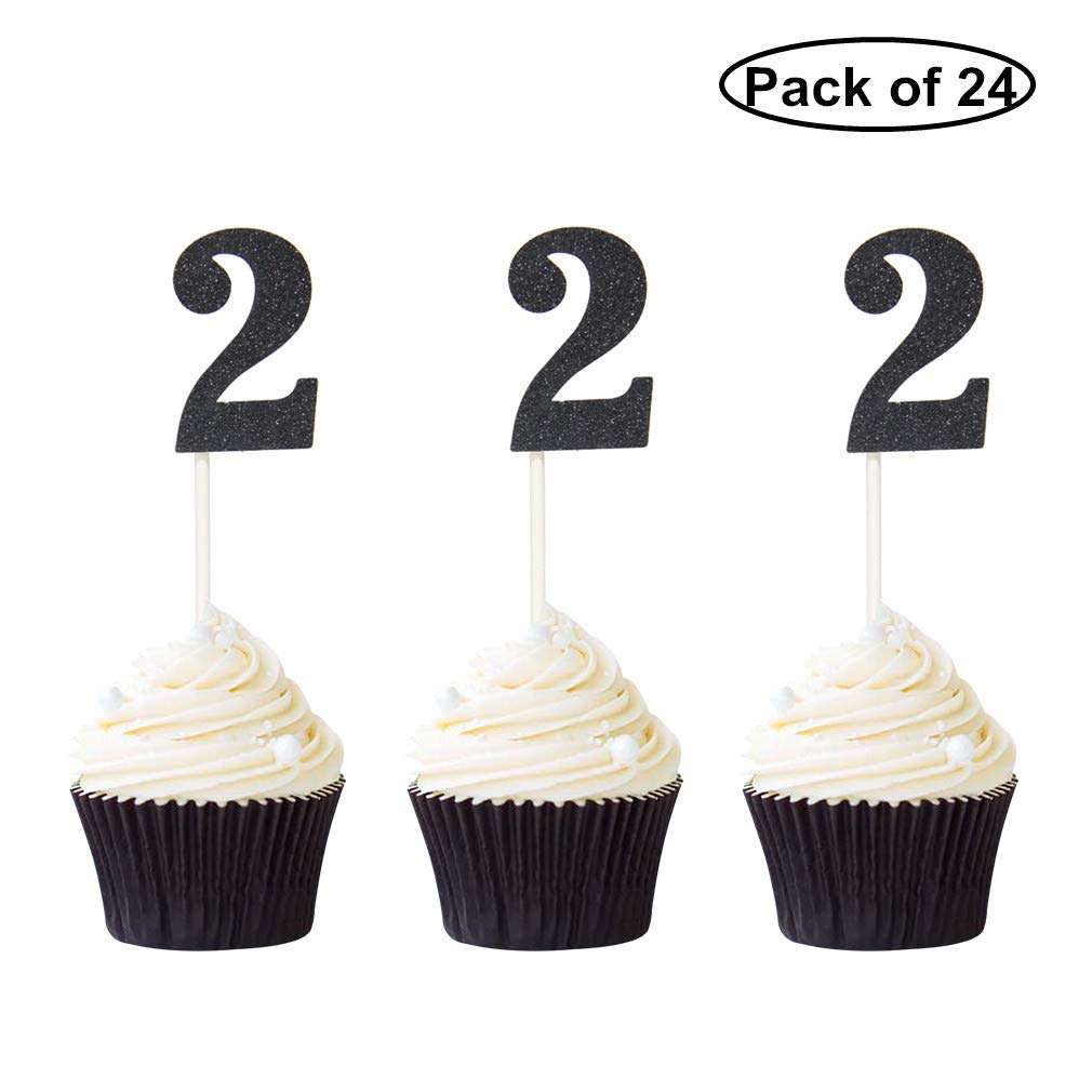 Pack of 24 Number 2 Cupcake Toppers Black Glitter 2nd Birthday Cupcake Picks Anniversary Party Decor
