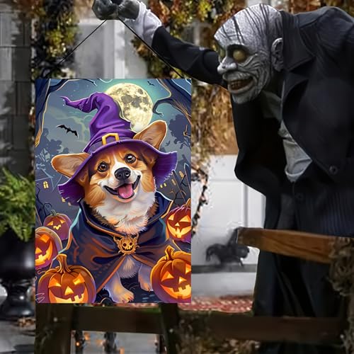 Image of Halloween Decorations Outdoor Garden Flag 12x18 Inch Double Sided Corgi Dog Witch Hat Pumpkin Fall Decor Yard Lawn Porch Patio Halloween Garden Flags