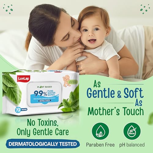 Image of LuvLap Plant Based 99% Pure Water Extra Thick Unscented Baby Wipes, 72s, with Aloe Vera & Vitamin E, pH Balanced, Paraben Free, Ideal for Delicate Skin, Dermatologically Tested