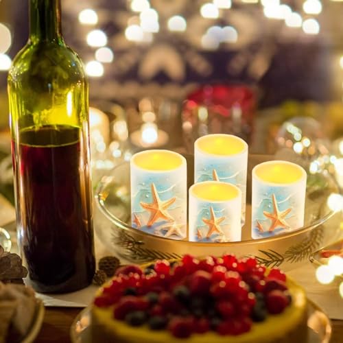 Image of Flameless Candles Battery Powered LED Pillar Candle Tealights with Remote Timer Color Changing Control for Indoor Outdoor Coastal Home Decor Set of 4, Beach Starfish Blue