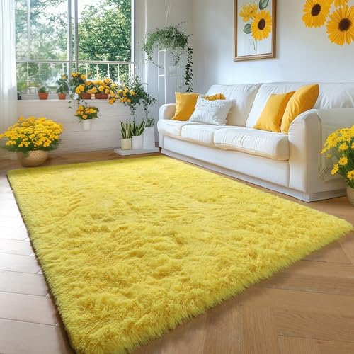 Amdrebio Yellow Area Rug for Bedroom Living Room, 5x7 Fluffy Fuzzy Plush Rugs for Kids Room Decor Aesthetic, Cute Furry Shag Kawaii Carpet for Playroom Classroom Nursery Teen Girls Boys Baby Toddler