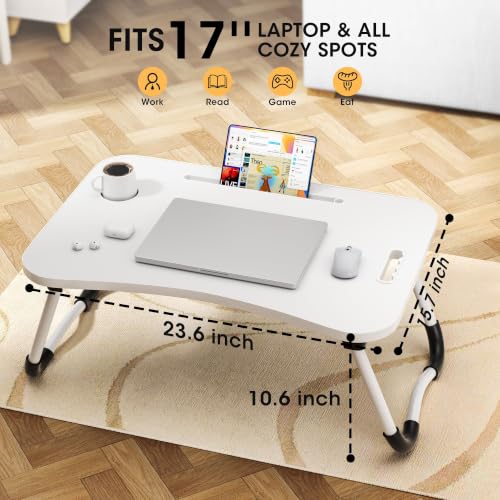 Image of Folding Lap Desk, 23.6 Inch Wood Laptop Bed Desk with Cup Holder, Portable Bed Table for Working Writing Reading, Eating for Bed, Floor, Sofa, Couch - White