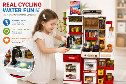 Image of Dream Kitchen Playset for Kids, 65 Piece Pretend Kitchen Set with Cycling Water Sink, Steam Effect, Lights & Sounds, Toy Stove, Oven, Utensils, Food Accessories, 64 cm