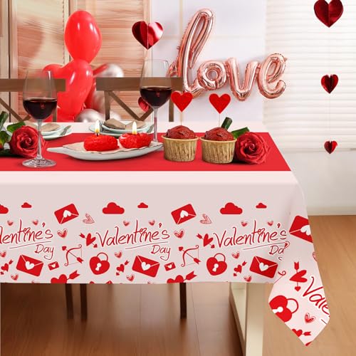 Image of Childom Valentines Day Tablecloth for Valentines Day Decorations Party,3 Pack Disposable Plastic Valentines Table Cloths 54 inch x 108 inch Pink Table Cover,Valentines Decor for Wedding Engagement Anniversary