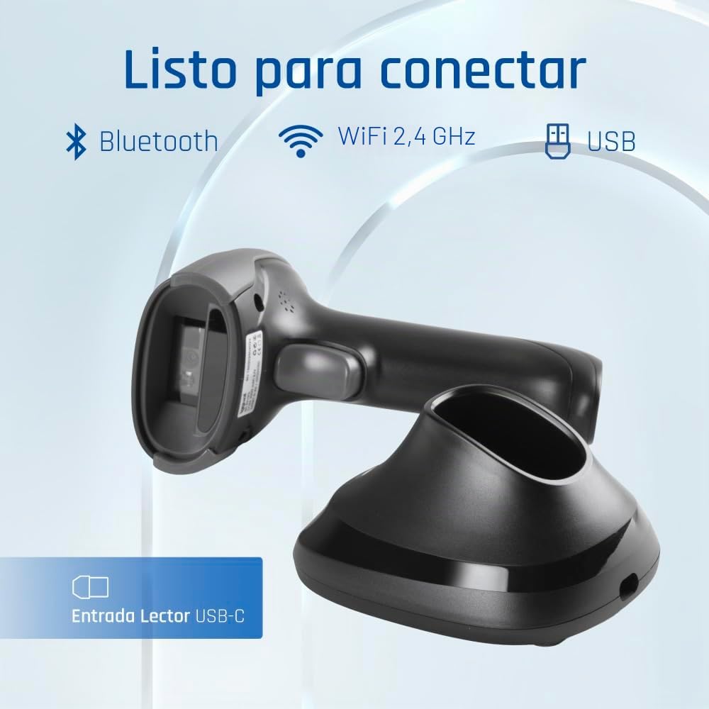 iggual-Lector de Códigos de Barras 1D y 2D Inalámbrico con Base de Carga - Bluetooth, WiFi 2.4G, USB - Escáner Portátil 200 esc/s, 90 m Alcance, Batería 2000 mAh - Uso Comercial e Industrial