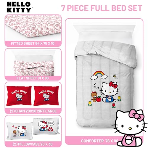 Image of Sanrio Hello Kitty Full Comforter Set 7 Piece Bedding for Girls, Grey | Bed in a Bag, Comforter Sheets Shams Pillowcases, Official Product, Soft Microfiber, Machine Washable, Girls Gift