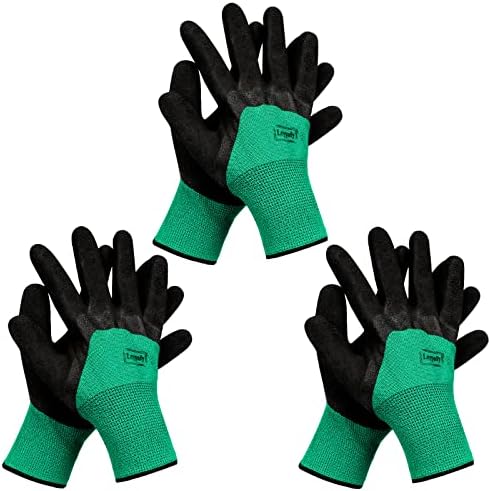 Leypafy Gloves - Latex Coated Work Gloves for Planting, Digging, Gardening, Breathable & Comfortable, Medium Size Fits Most, Durable & Stain Resistant, Black&Green(3Pairs)