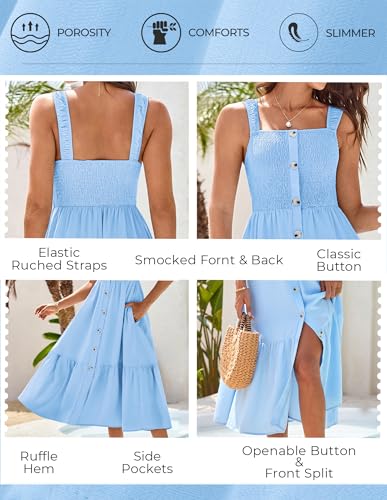 GRACE KARIN Womens Summer 2025 Midi Dress Spaghetti Strap Smocked Button Casual A Line Long Beach Flowy Sun Dresses Pockets4