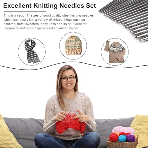 Image of Aeelike 11 Pairs Knitting Needles Set - 14 inch Stainless Steel Knitting Needles Single Point with Roll Bag - Portable Metal Knittings Needle Set for Beginners Size 2mm to 8mm