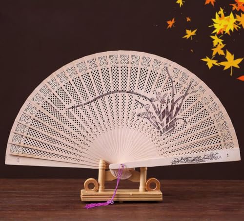 Chinese Traditional Wooden Folding Hand Fan with Hollow Carved Pattern, 9.1 x 15.8 In Vintage Lightweight Portable Hand Held,Exquisite Tassel Hand Fans for Wedding Home Party (Wood 1) - image 2