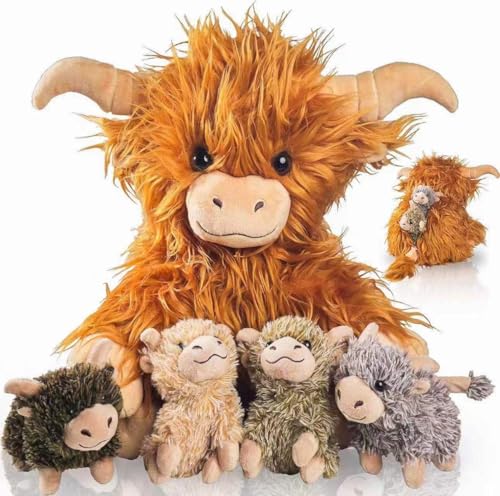 Image of Youthfuljive 5 Pcs Highland Cow Stuffed Animal 14" Large Realistic Fluffy Stuffed Highland Cow Plush Toy with 4 Babies Baby Calves, Scottish Highland Cows Decor Gifts for Kids Girls Boys Birthday