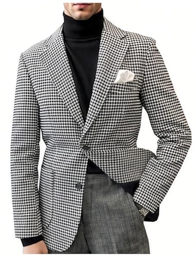 VENNYNG Men's Retro Tweed Houndstooth Suit Jacket British Gentleman Single Breasted Short Trench Sport Coat