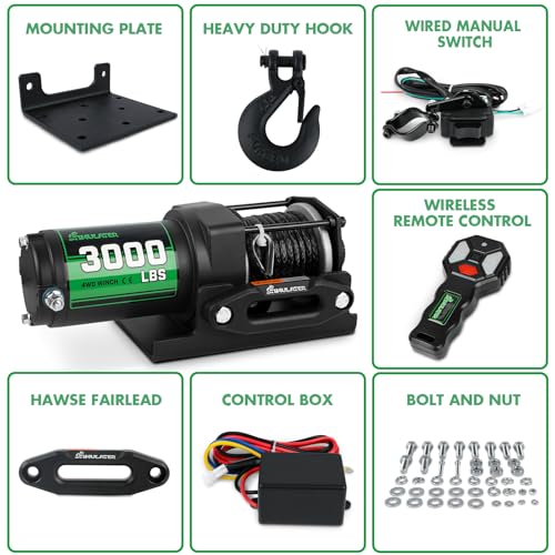 Image of STIMULATER 3000lb ATV Winch with Synthetic Rope,Electric Winch 12V, with Wireless Remote Control and Manual Switch, with Hawse Fairlead,IP67 Waterproof,Suitable for Most Trailer, Boat and ATV Winch