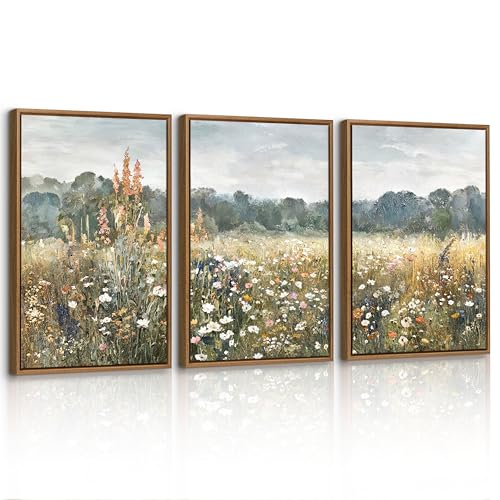 3Pcs Quadri Moderni Vintage Fiori selvatici Paesaggio Stampa Su Tela Con Cornice, Retrò Campi Floreale Quadro Pittura Classico Natura Stampe Da Parete Decor Per Soggiorno Camera da letto 40x60cmx3