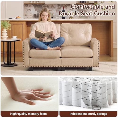 Image of 25.2 inch Faux Leather Storage Ottoman Bench for Couch, Vintage PU Leather Foot Stool with Nailhead Trim for Sofas, Mid Century Modern Hidden Storage Footrest for Living Room, Bedroom, Office, Ivory
