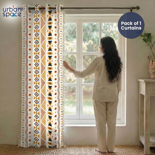 Image of Urban Space Abstract Boho Decorative Curtain for Window, 100% Cotton Curtain 5 Feet Long, 1piece Curtain with Tassels, 60-65% Room Darkening with Tieback and Eyelets (Boho Multi Orange, 5 Feet)