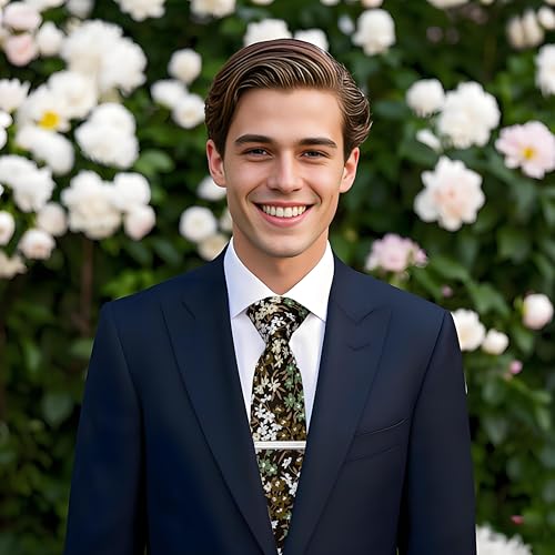 Image of YourTies Cotton Floral Tie for Men 2.5 inch Printed Skinny Necktie Pocket Square Tie Clip Set Flower Wedding Party Groom