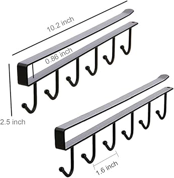 AliCH 2pcs Mug Hooks Under Cabinet Mug Holder Rack,Nail Free Adhesive Coffee Cups Holder Hanger for Cups/Kitchen Utensils/Ties Belts/Scarf/Keys Storage, Fit for 0.8inch Thickness Shelf or Less (Black)