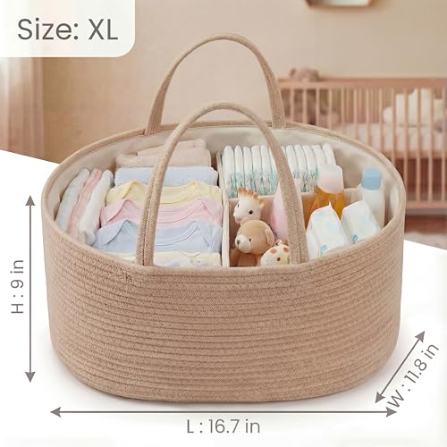 Image of luxury little Diaper Caddy Organizer, Large Cotton Rope Nursery Baby Basket, Changing Table Organizer for Baby Diaper Storage, Portable Car Organizer Removable Divider (Oatmeal, Extra Large)