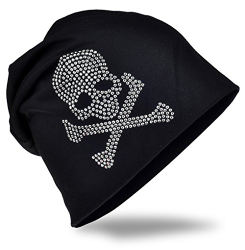 Jersey Slouch Beanie Long Mütze mit Totenkopf Strass Applikation Unisex Unifarbe Herren Damen Trend, Schwarz (mit Bone), Einheitsgröße Cover