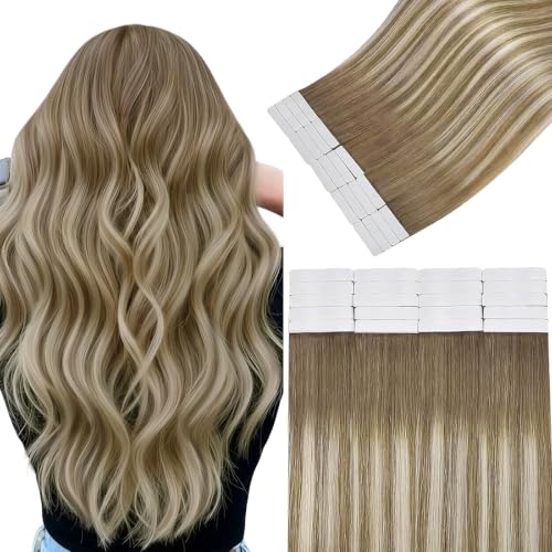 Image of Easyouth Human Hair Extensions Tape in Balayage 20 Inch Tape in Hair Extensions Human Hair Medium Brown Ombre Brown with Platinum Blonde Invisible Tape in Hair Extension 50g 20pcs