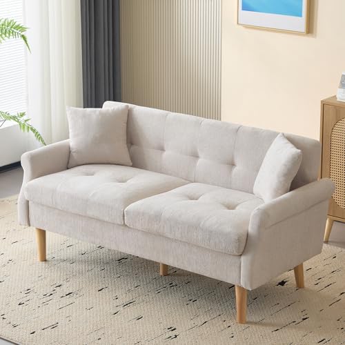 UAlienva 2-Sitzer-Sofa im Retro-Look, 162 x 74 cm, Chenille-Stoff, Holzrahmen, mit 2 Dekokissen, für Wohnzimmer und Schlafzimmer (Beige)