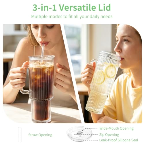 Image of Birity 40oz Ribbed Glass Tumbler with Handle，Glass Cup with Lid and Straw | Reusable Iced Coffee Cup for Smoothies,Soda,Tea-Glass Water Bottles Drinking Glasses for Car,Camping,Travel,and Outdoor