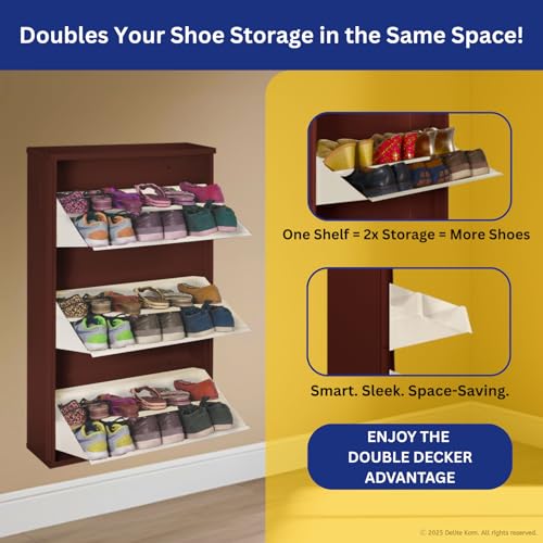 Image of DELITE KOM 24 inch Wide, 6 Shelf Metal Shoe Rack Wall Mounted for Home with Central Lock Holds Upto 18 Shoes or 30 Slippers Pair | Double Decker, 1 Yr Warranty, (41x24x8, Coffee Ivory), DIY, Space Saver