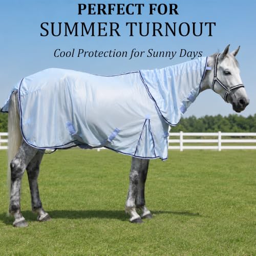 Image of Horse Fly Sheet with Detachable Neck, Maximum Airflow Breathable Open Weave Mesh for Hot Weather, Anti-Rub Comfort, 65% UV Protection, Cool Summer Sheet for Pasture & Barn Greyblue 84