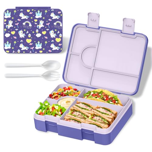 Image of Bento Lunch Box for Kids, Leak-Proof 5-Compartment Cute Lunchbox for Boys Girls, Drop-Proof, Food Container Microwave & Dishwasher Safe, Back to School Supplies for Ages 3 to 7, Purple /Unicorn
