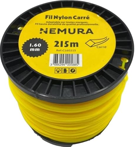 Nemura Fil Débroussailleuse Carré Ø: 1,60mm, L: 215m - Compatible avec d'autres Marques - Haute durabilité - Qualité Professionnelle - Marque Française