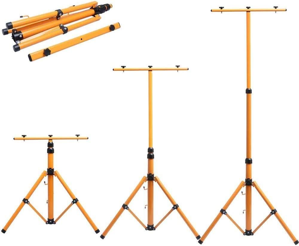 Dual-Head Flood Light Tripod Stand – Adjustable Indoor And Outdoor Telescopic LED Work Light, Mount 1 To 2 Lights, For Garage, Camping – Yellow/Black