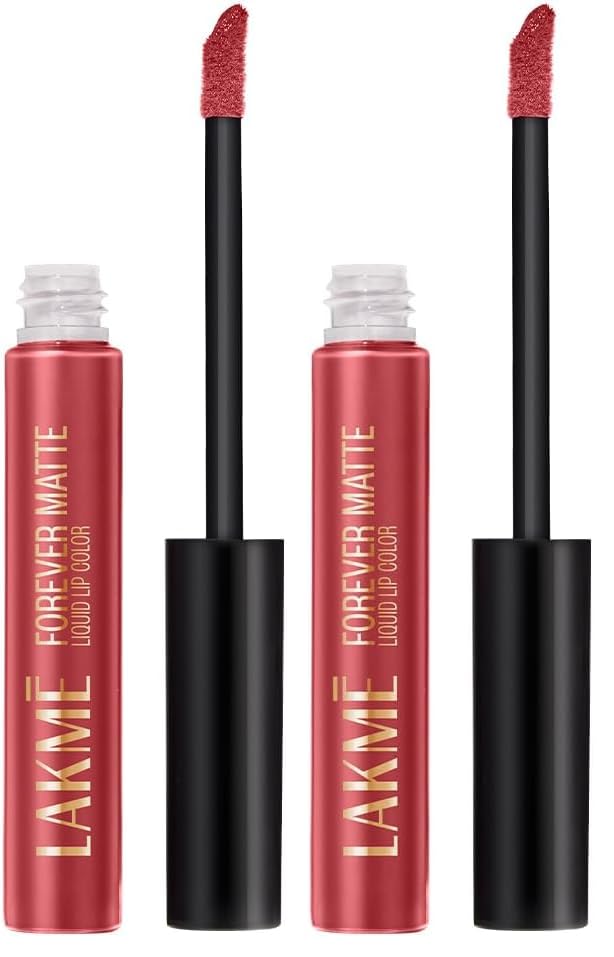 Image of Lakme Forever Matte Liquid Lip Colour, Long-Lasting Liquid Lipstick, Lightweight & Transferproof, Smudgeproof - Pink Peach, 5.6ml (Pack of 2)