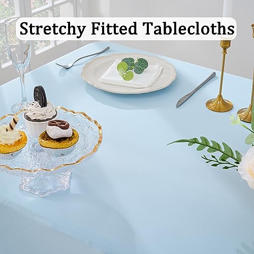Image of 3 Packs Baby Blue Spandex Tablecloths for 6 Foot Rectangle Tables, Stretchy Fitted 6FT Blue Table Skirt for Wedding Party, Wrinkle Free Tablecloths for Banquet Wedding Birthday Party