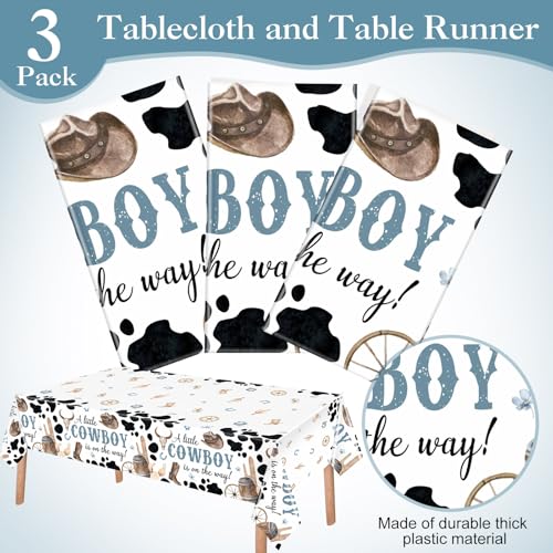 Image of Ganeen 3 Pcs Western Cowboy Party Decorations Cowboy Tablecloth Disposable Plastic Table Cover Waterproof Tablecloth for Western Rodeo Baby Shower Birthday Party Decor, 54 x 108 Inch