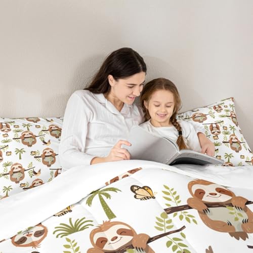 Image of Feelyou Sloth Comforter Set Twin Size, Cartoon Sloth Comforter Set Kawaii Animals Comforter Kids Toddler Botanical Branches Duvet Set with 1 Pillow Case