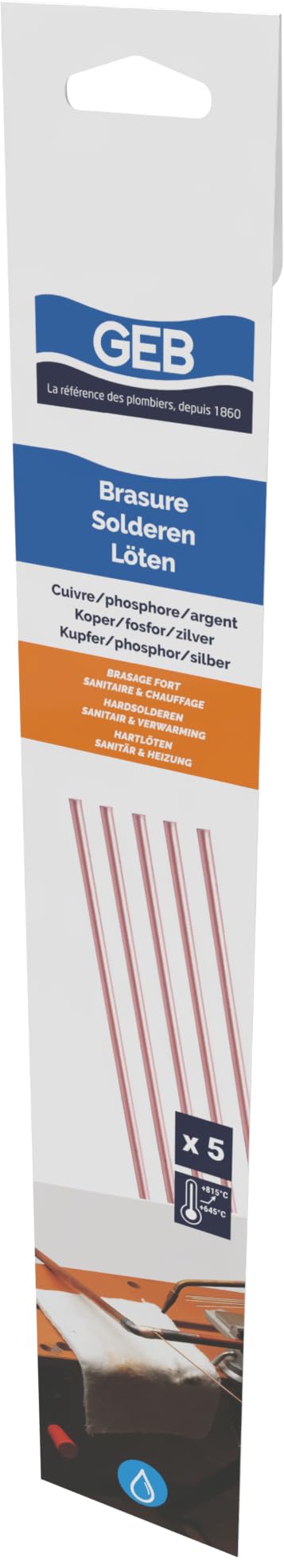 GEB Baguettes cuivre/phosphore/Argent pour brasage Fort. S'utilise sur tuyauteries d'installations sanitaires, de Chauffage… - 5 Baguettes