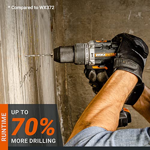 WORX NITRO 18 V (20 V MAX) Cordless Impact Drill WX352.4 Power Share Brushless Battery 60 Nm Speed Dimmer LED Lighting 2 x 2.0 Ah Batteries Included