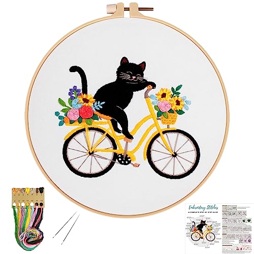 Image of Louise Maelys Cat Bicycle Embroidery Kit for Beginners Floral DIY Craft | A Cross Stitch Kits Complete Set Featuring a Cat Bicycle Design for Creative Stitching and Needlepoint Kit