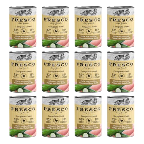 Fresco Complete-Menü Huhn mit Zucchini, Mango & Rote Beete | 12er Pack | 12 x 400 g | Nassbarf für Hunde | Wichtige Proteine & Eiweiß | Aus reinem Muskelfleisch