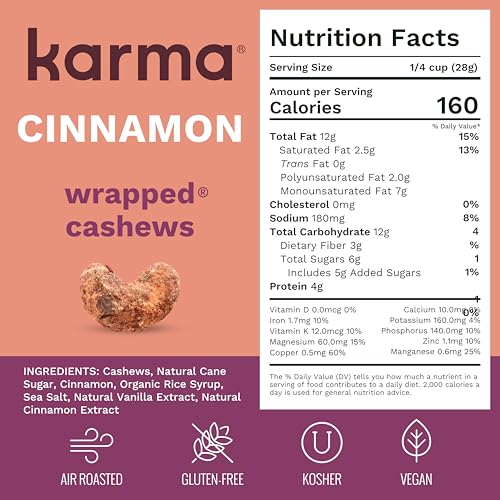 Image of Cinnamon Wrapped Whole Cashews by Karma Nuts, Sweet & Savory, Air Roasted with Natural Skins, 2X more Fiber, Peanut-Free Facility, Kosher, Everyday Nut Snack, 7oz Resealable Bag