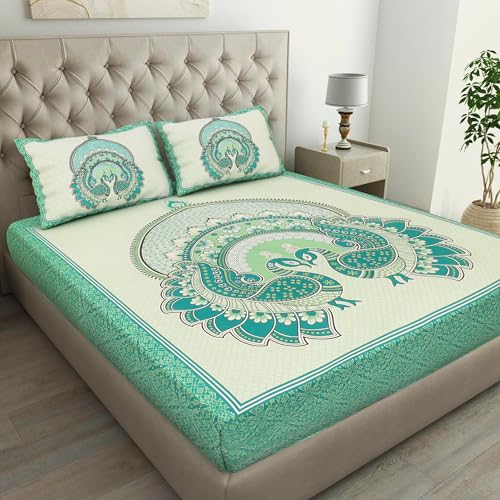 Image of JAIPUR PRINTS 100% Cotton Bedsheet for Double Size Bed Rajasthani Jaipuri Printed with 2 Pillow Covers 90x100 inch 235x215 cm (Green)