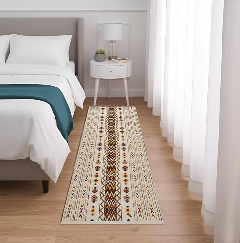 Image of SAGON 2x5 Ft Printed Runner Carpet - Cotton Bedside Rug for Bedroom & Living Room (Brown Arrow Traditional)