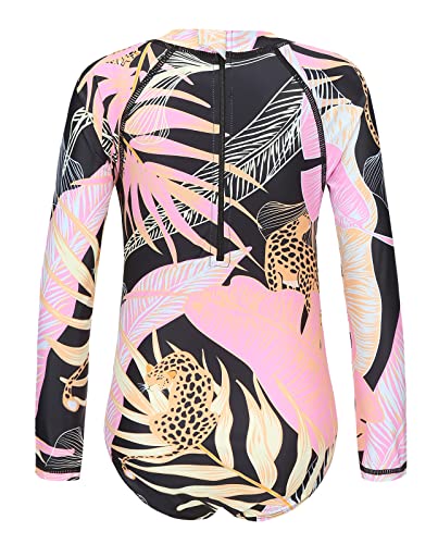 Image of Moon Tree Girls One Piece Swimsuits Long Sleeve Rash Guard Zipper Front Bathing Suit UPF 50+