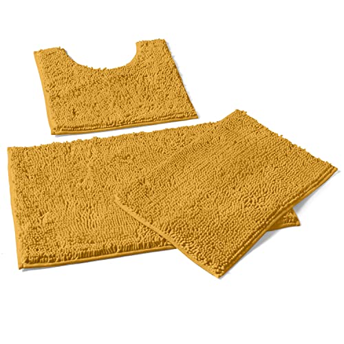 LuxUrux 3-Piece Bathroom Rug Set – Plush Chenille Bath Mats & U-Shaped Toilet Mat, Ultra-Soft, Absorbent & Non-Slip (20x20 U, 16x24 & 20x30 inches, Mustard)