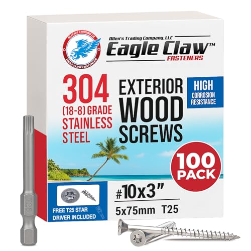 Image of #10 x 3 Inch Stainless Steel Deck Screws | 304 Grade (100 Pack) | Flat Head T25 Star Torx Drive | Stainless Steel Screws by Eagle Claw Fasteners | Corrosion & Rust Resistant (Includes Driver Bit)