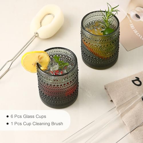 Image of ZMOWIPDL Drinking Glasses Set of 6,12oz Grey Hobnail Glass Cups | Vintage Glassware，Embossed Water Tumbler,for Beer,Cocktail,Whiskey,Juice and Various Mixed Drinks- 1 Cleaning Brush