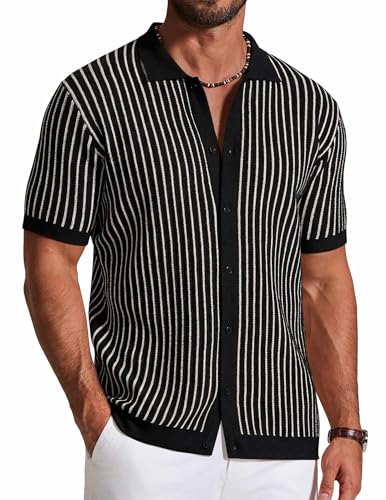 Image of COOFANDY Mens Knit Button Down Shirts Short Sleeve Polo Shirt Vintage Striped Casual Shirts