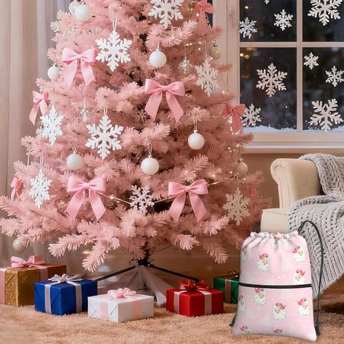 Image of Christmas Tree Santa Claus Drawstring Bag, Waterproof Snowflake Drawstring Bckpack for Gym Sports Xmas Party Gift, Women Durable Pink Sackpack Bag with Front Zipper Pocket and Inside Zipper Pocket